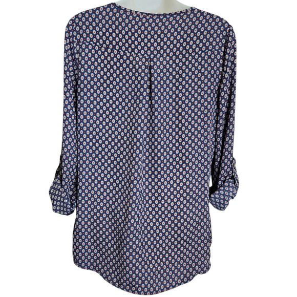 Zac & Rachel Womens Blouse Small Navy Geometric Print V Neck Roll Tab Sleeve Top - Picture 9 of 11